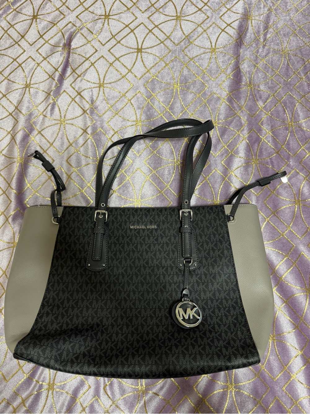 Michael Kors Black & Taupe Logo-Print Tote with MK Charm